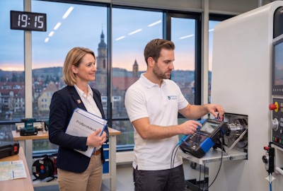 Zertifizierte Elektrofachkraft führt Elektroprüfung nach TRBS 1203 an Industriemaschinen durch (Symbolbild KI-generiert)